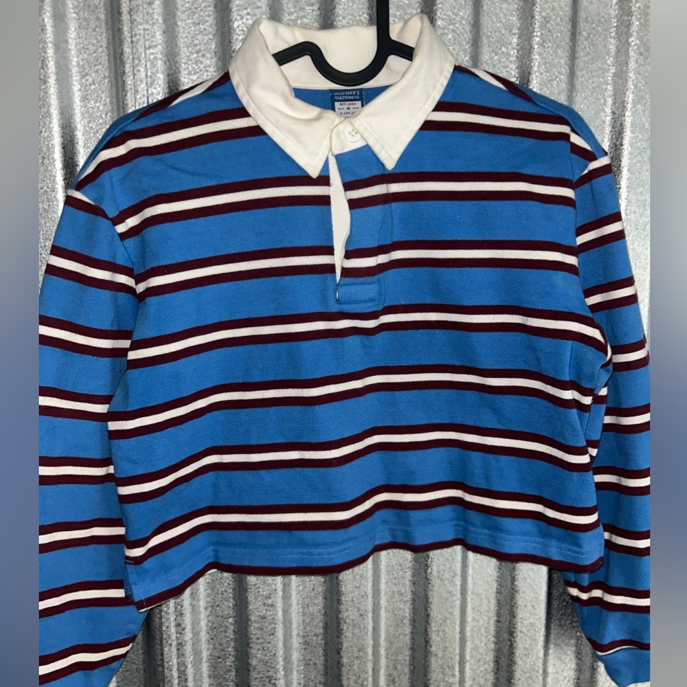 Old Navy Blue and White Striped Polo Shirt